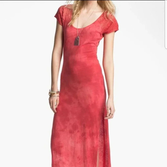 Free People Strawberry Maxi Dress Knit Lace Crochet Back  Coral Pink M - Picture 12 of 12